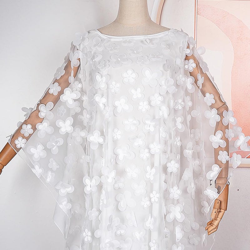 HD African Women Applique Flower Dress Boat Neck White Caftan Chiffon Gown One Size - Image 3